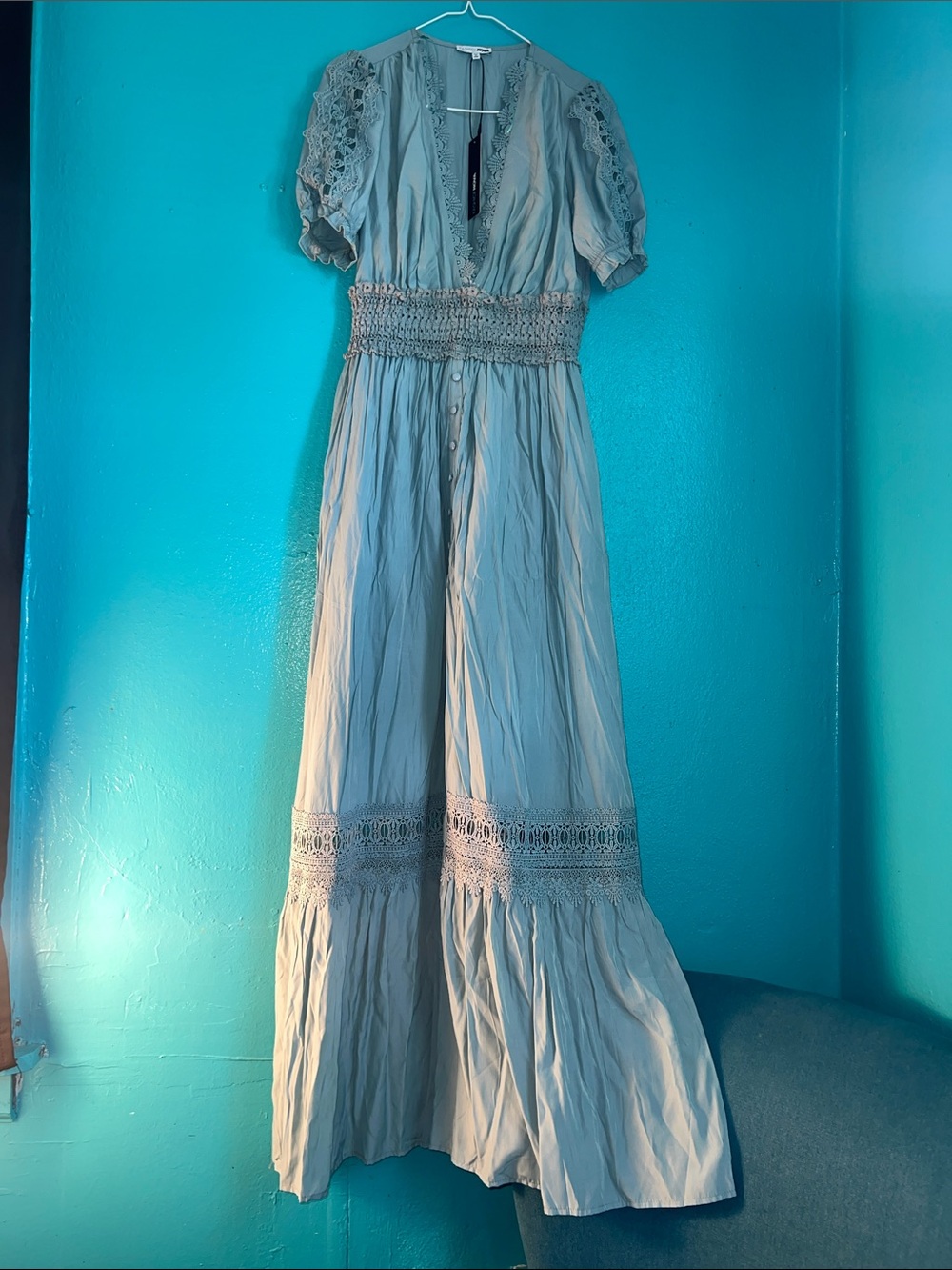 Fashion Nova Light Blue Crochet-Trim Maxi Dress